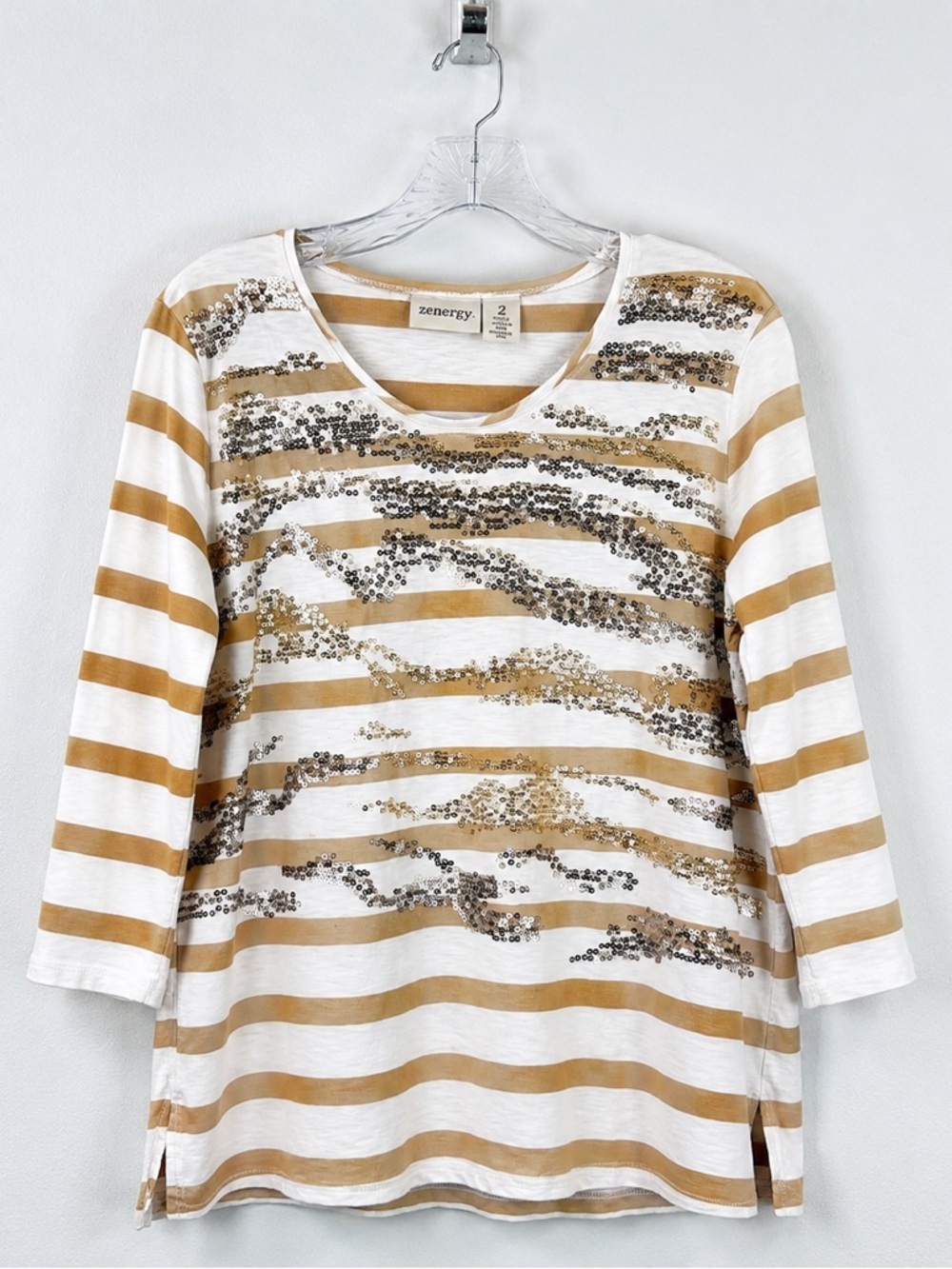 Chico's Zenergy Sequin Striped Tunic Top‎ Beige White 3/4 Sleeve Size Large